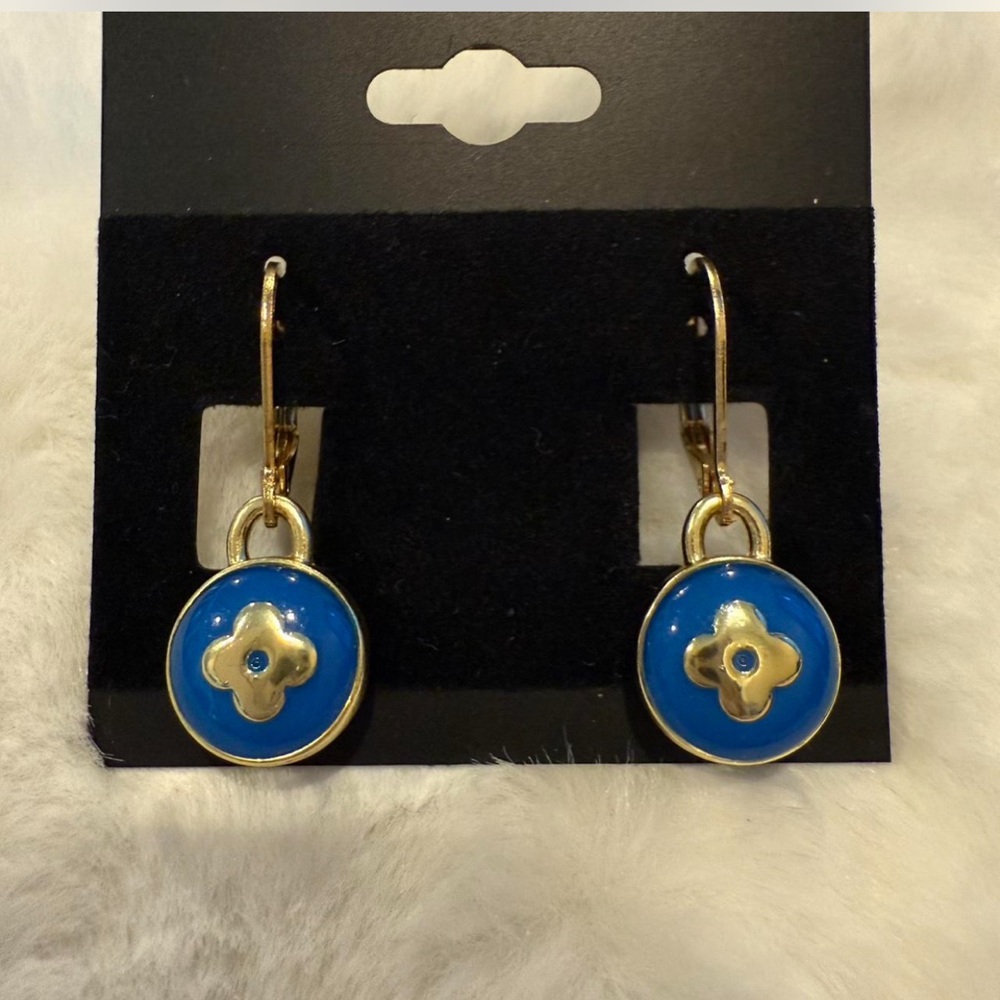 Handmade Gold and Blue hypoallergenic Dangle Leverback hook clover Earrings